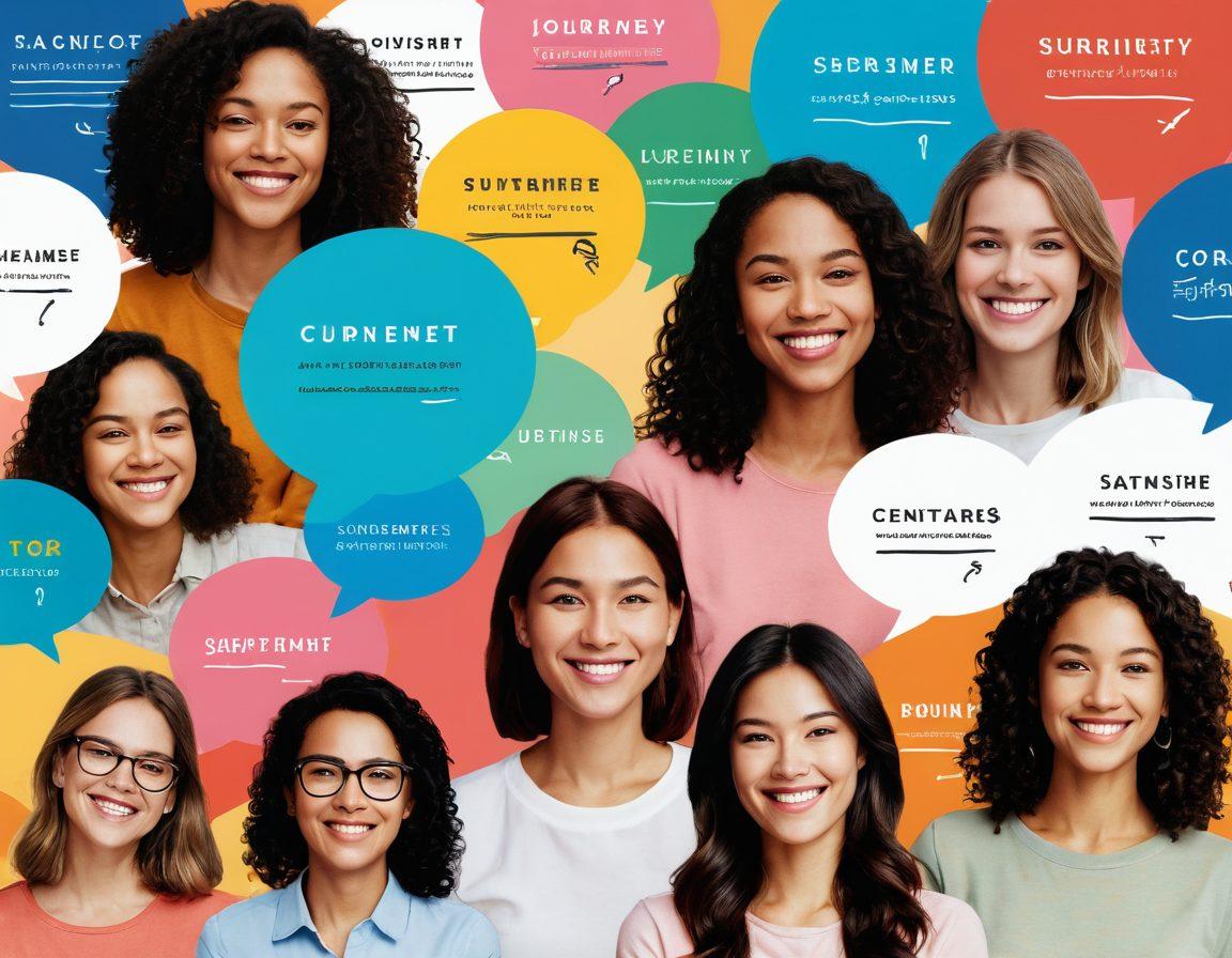 A collage illustrating the journey from customer surveys to happiness, featuring diverse individuals filling out surveys, colorful graphs showing positive feedback, and smiling faces in vibrant settings. Include elements like speech bubbles with uplifting words, and a warm, inviting atmosphere that conveys satisfaction. The background can blend serene colors that evoke joy and contentment. super-realistic. vibrant colors. soft focus.