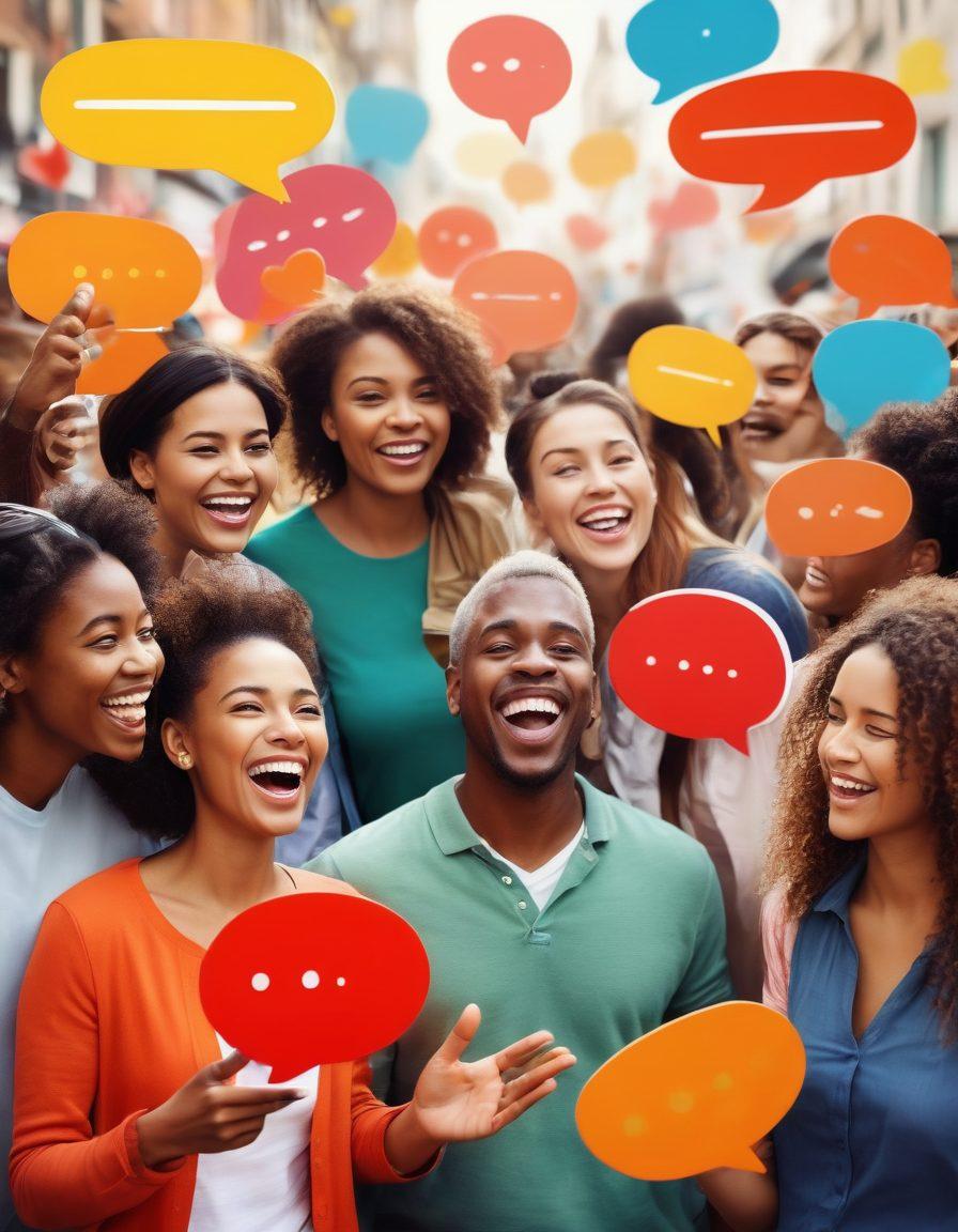 A diverse group of people engaging in a lively discussion, with expressions of joy and appreciation on their faces. Incorporate elements like speech bubbles filled with positive feedback and heart symbols, symbolizing the impact of listening on customer experiences. The background includes abstract representations of customer journeys, such as paths or road maps. Use vibrant colors to convey happiness and positivity. super-realistic. vibrant colors.