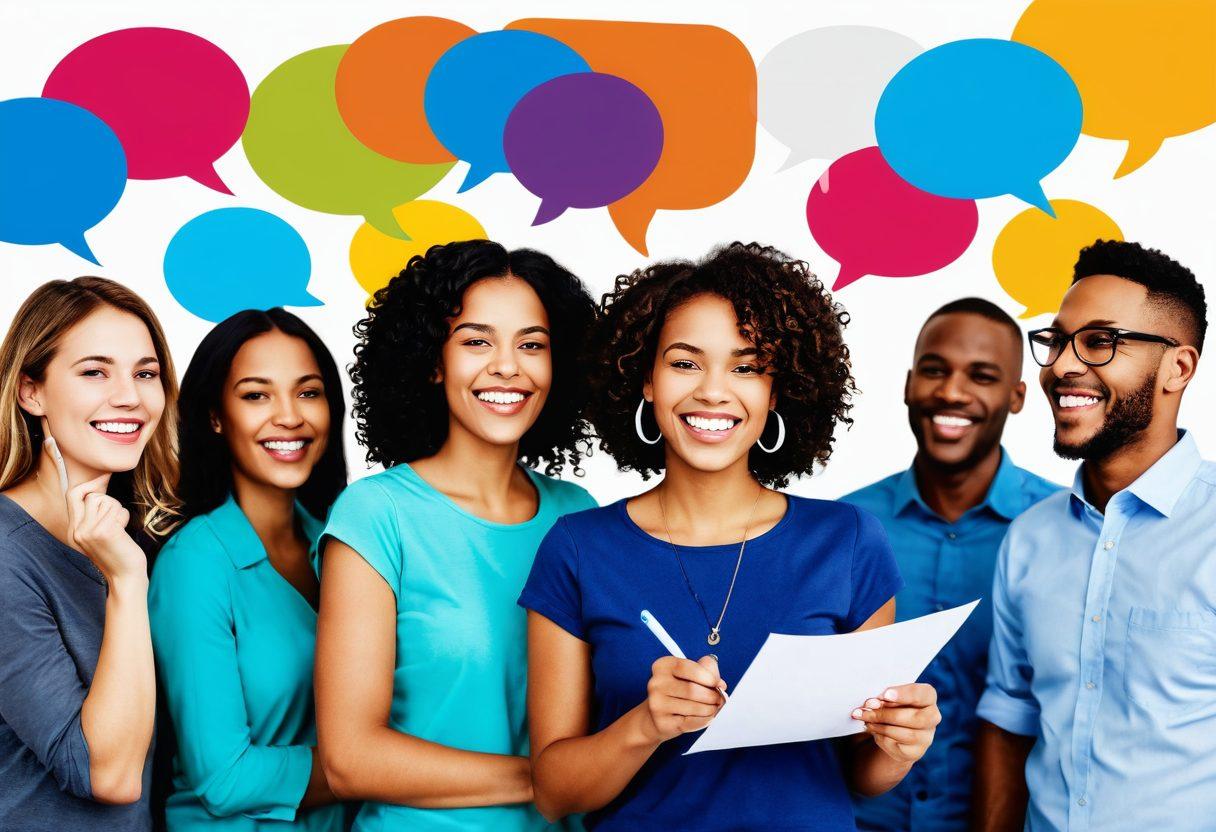 A vibrant scene depicting a diverse group of joyful customers providing feedback, surrounded by colorful speech bubbles representing their thoughts. In the background, a cheerful customer service representative is taking notes, fostering a sense of community and connection. The atmosphere is infused with bright, uplifting colors to symbolize happiness and positivity. super-realistic. vibrant colors. white background.